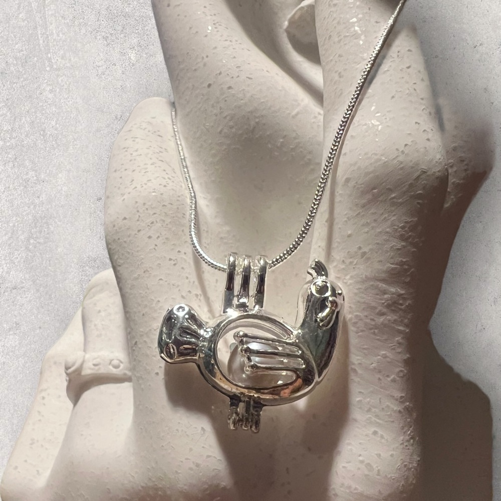 Silver Bird Shaped Pearl Cage Pendant Necklace with White Pearl